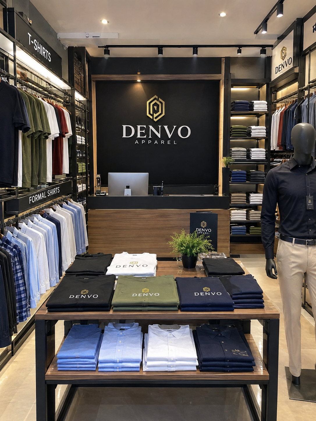 Folded neutral apparel in the Denvo workshop